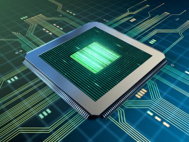 Baskılı devre kartı üzerindeki güçlü cpu. 3D çizim.