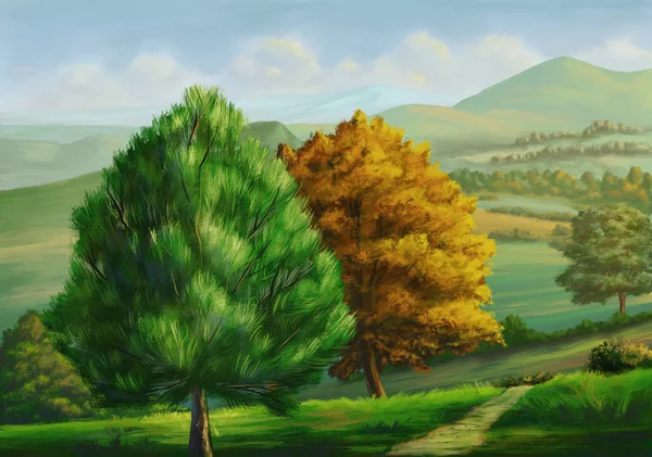 Country landscape with trees. Digital painting.