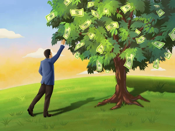 Empresário Vai Buscar Uma Nota Dólar Uma Árvore Ilustração Digital — Fotografia de Stock