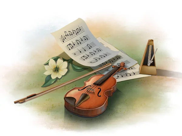 Still Life Violin Metronome Some Music Sheets Digital Illustration — Stock Photo, Image