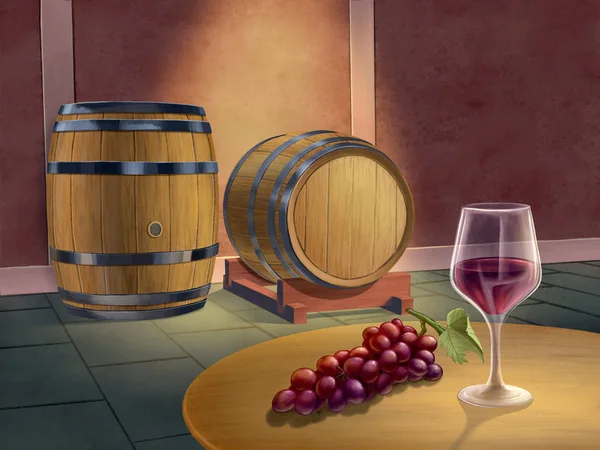 Red wine cellar with some barrels, a wineglass and some grapes. Digital painting.