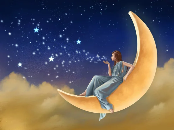Fille Sur Lune Soufflant Des Étoiles Poussière Magique Dans Ciel — Photo