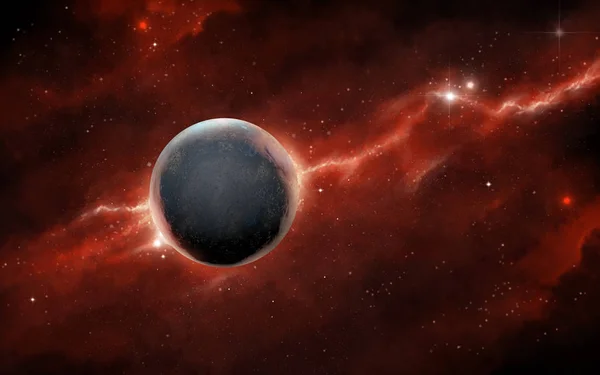 Spacescape Med Stenig Planet Och Röd Nebulosa Digital Illustration — Stockfoto