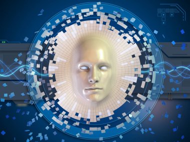 Bir baş maskesinin kavramsal görüntüsü yüksek teknolojide çözünüyor.