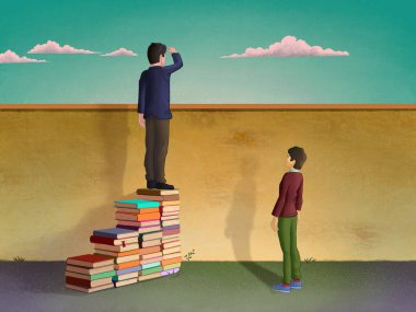 Bir merdiven yapmak ve duvarın üstünden bakmak için kitap yığınları kullanan bir adam. Dijital illüstrasyon.