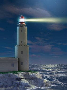 Gece deniz feneri dramatik bir deniz manzarası üzerinde. Dijital illüstrasyon.
