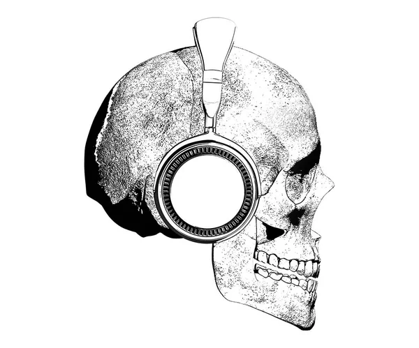 Schädel Mit Kopfhörer Illustration Isoliert Auf Weißem Hintergrund Der Seitenansicht — Stockfoto
