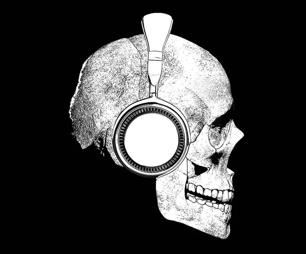 Schädel Mit Kopfhörerabbildung Isoliert Auf Schwarzem Hintergrund Der Seitenansicht — Stockfoto