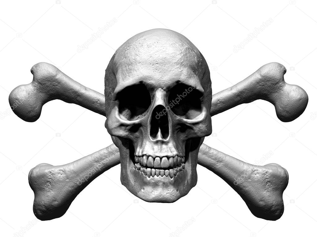 skull with crossbones isolated in black white background 3d illustration