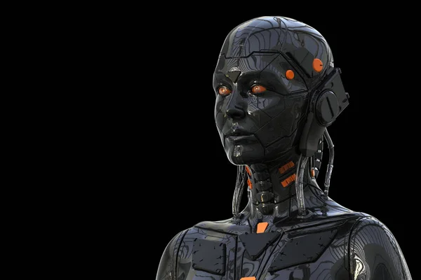 Robot Android Woman Humanoid Siyah Arka Plan Izole Render — Stok fotoğraf