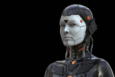 Robot Android Cyborg Woman Humanoid - siyah arka plan izole -gerçekçi 3d render