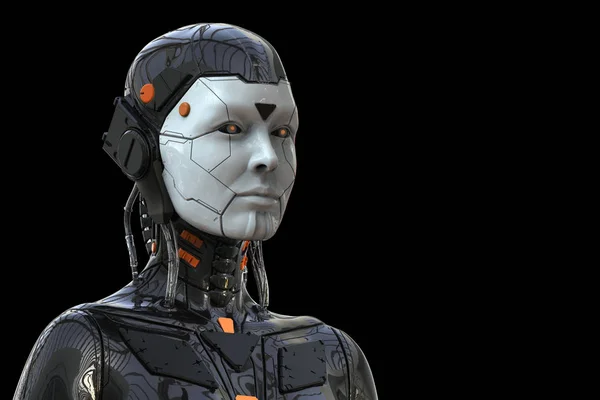 Robot Android Cyborg Humanoid Izolált Fekete Háttér Valósághű Renderelés — Stock Fotó