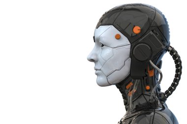 Bir android robot cyborg kadın humanoid 3d render - yan görünüm ve boş bir arka plan izole  