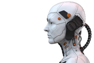 Bir android robot cyborg kadın humanoid 3d render - yan görünüm ve boş bir arka plan izole  