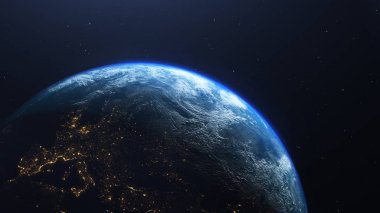 Dünya gezegeni Avrupa'nın ışıklarını gösteren gece uzaydan görüntülenen, Dünya gezegeninin 3boyutlu render, Nasa tarafından sağlanan bu görüntünün unsurları