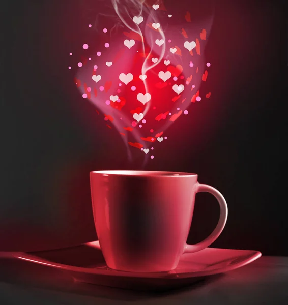 Corações Com Uma Xícara Café Fundo Escuro — Fotografia de Stock