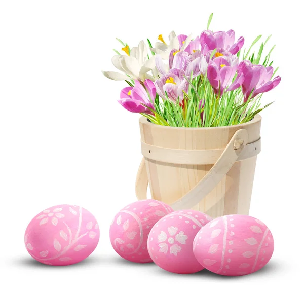 Pembe çiğdemler ve yumurta Paskalya dekorasyon — Stok fotoğraf