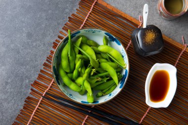 Edamame, Japon yeşil buğulanmış soyabeans ayrıntı görünümü.