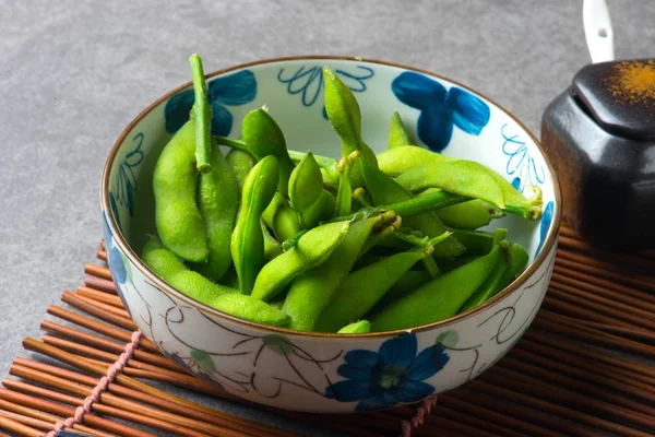 Detalhe Vista Edamame Japonês Verde Cozido Vapor Soja — Fotografia de Stock