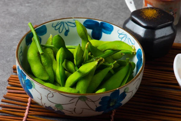 Detail View Edamame Japanese Green Steamed Soyabeans — Stock Photo, Image