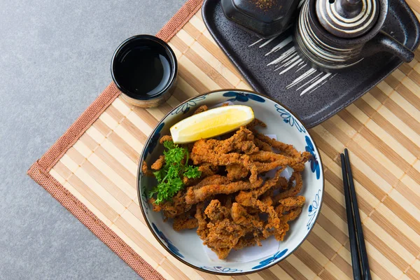 Vue Dessus Ika Geso Tentacules Calmar Épicé Frit Japonais — Photo