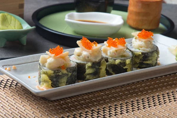 Table Setting Abalone Salad Rolls Sushi Tempura — Stock Photo, Image