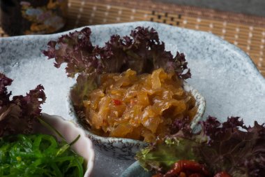Bebek ahtapot, deniz yosunu ve denizanası masada kesilmiş buz üzerinde Japonca terbiyeli 