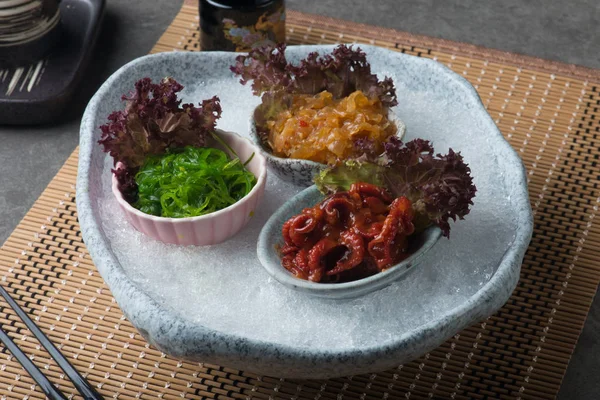 Bebek ahtapot, deniz yosunu ve denizanası masada kesilmiş buz üzerinde Japonca terbiyeli 