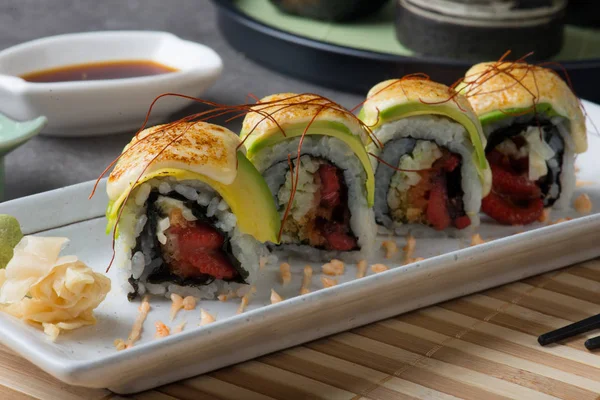 Close View Octopus Rolls Avocado Table — Stock Photo, Image