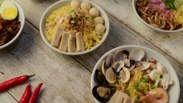 Various Malaysian Noodles Top View — Stock Video