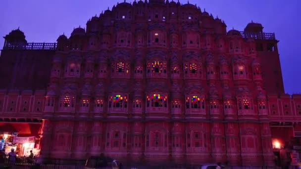 Jaipur Hindistan Ekim 2016 Hawa Mahal Saray Akşam Sokak Trafik — Stok video