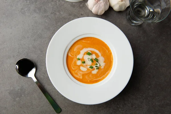 Sopa Abóbora Com Especiarias Mesa — Fotografia de Stock