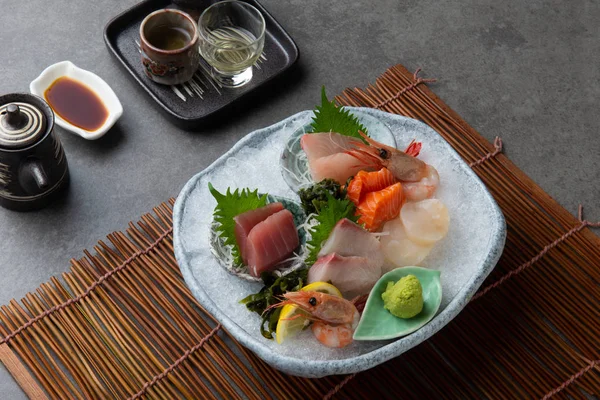 Aliments Japonais Sashimi Poissons Crustacés Crustacés Tranchés Crus — Photo