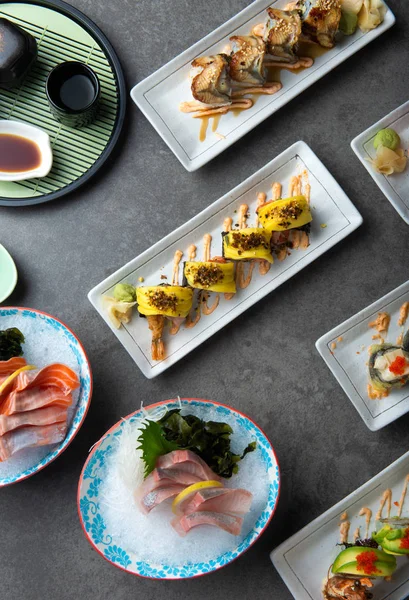 various sushi flat lay shot