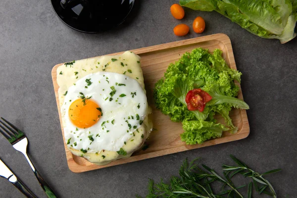 Croque Madame Toast Egg Chees Cherry Tomatoes — Stock Photo, Image