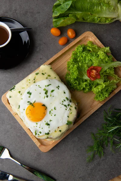 Croque Madame Toast Egg Chees Cherry Tomatoes — Stock Photo, Image