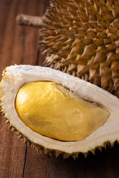 Close View Musang King Tropical Durian Fruit Wooden Background — Stock Photo, Image