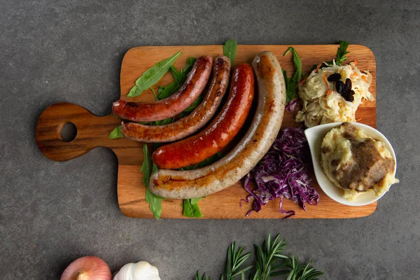 Grilled Sausages Mash Potatoes Wooden Board — Stock Photo, Image