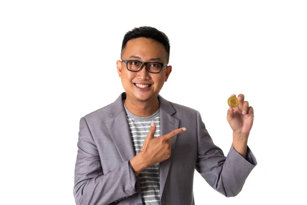 Happy Asian Man Bitcoin — Stock Photo, Image