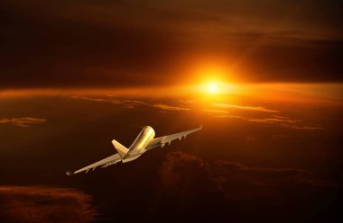 Bulut güneşin üzerinde 3d render uçan uçak