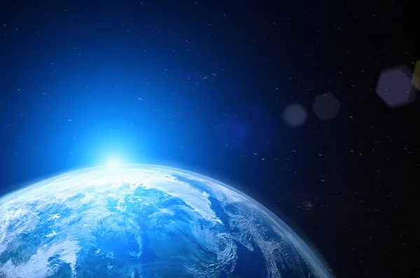 Näkymä Sininen Planeetta Earth Avaruudessa Auringonnousun Aikana Elementtejä Tämän Kuvan — kuvapankkivalokuva