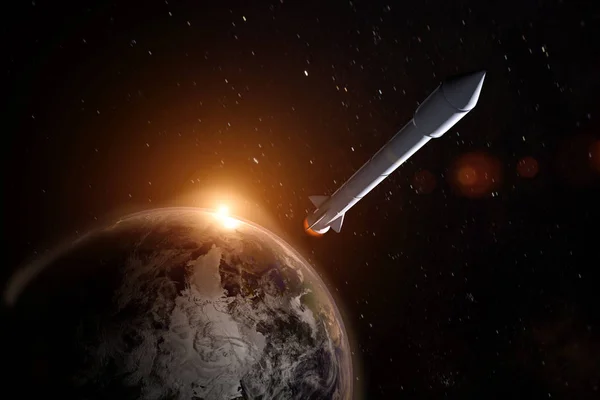rocket about to leave earth into the unknown  , elements of this image furnished by NASA ,3D rendering