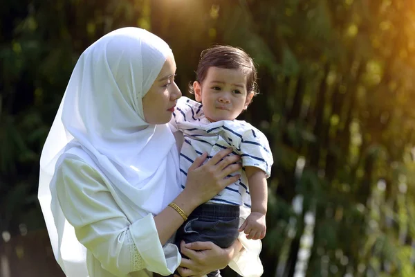 Malay Muslim Mother Son Outdoor — Stock Photo, Image