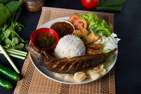 Traditionella Malaysiska Katt Fisk Ris Med Sambal — Stockfoto