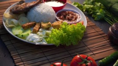 Balık, soya peyniri ve sebze ile Çin pirinç yakın çekim görüntüleri