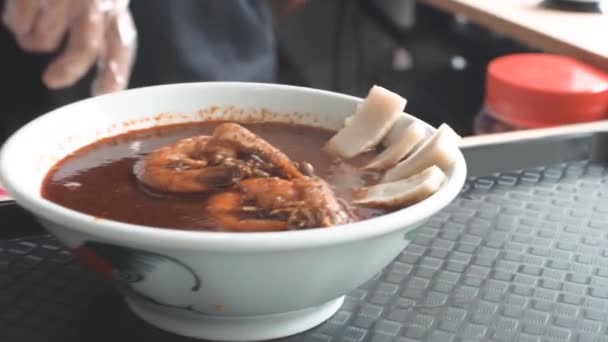 Close Footage Chef Putting Tofu Bowl Ramen — Stock Video