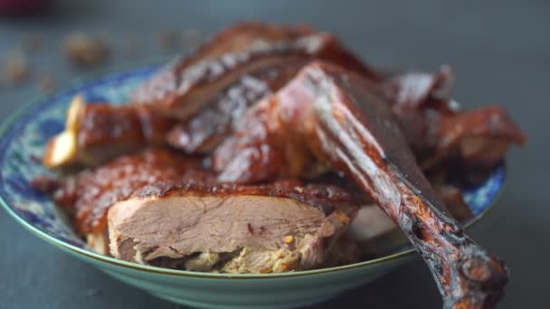 Close Imagens Delicioso Chinês Bbq Porco — Vídeo de Stock