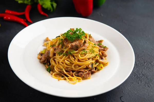Close Shot Delicious Spaghetti Iberico Pork — Stock Photo, Image