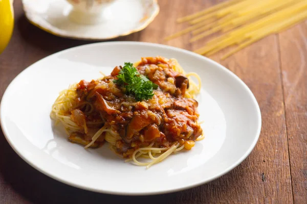 Primer Plano Delicioso Vegetariano Boloñesa Espaguetis Hongo —  Fotos de Stock