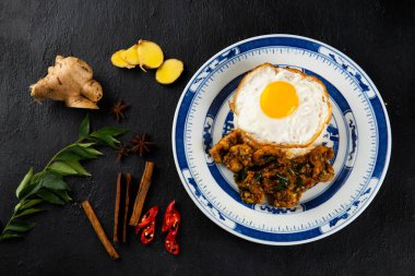 Kam Heong stir Fry tavuk pilav, Malezya çanak ile üstten görünüm